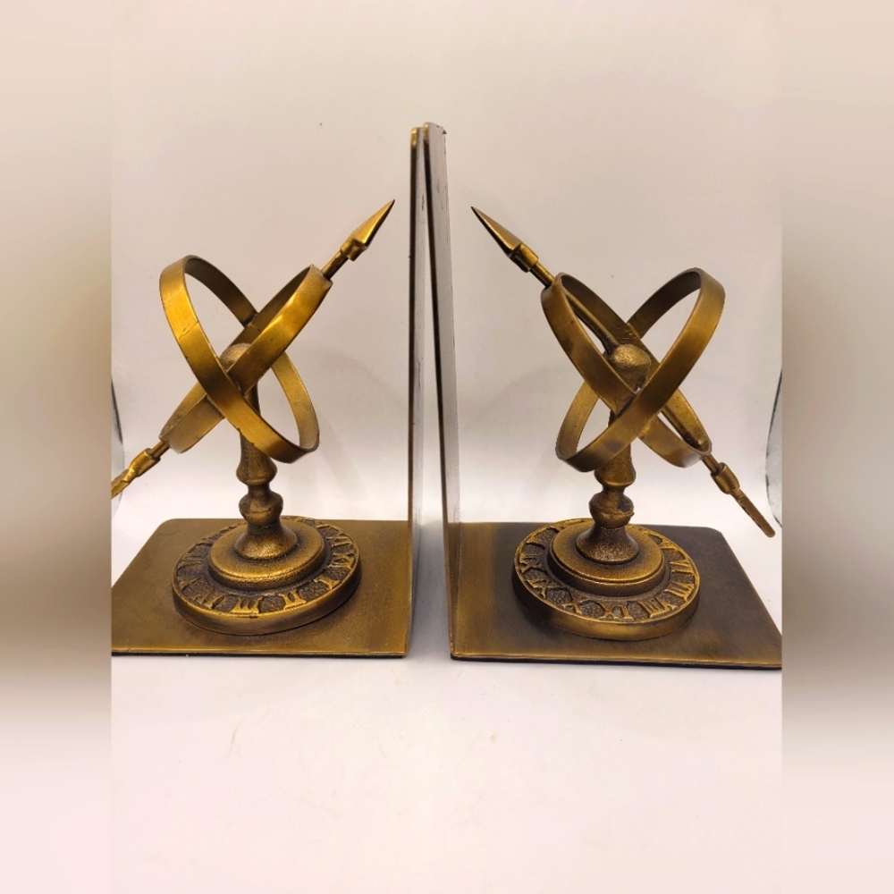 Vintage Pair (2) 1970s Solid Brass Armillary Sphere Bookends Weighted